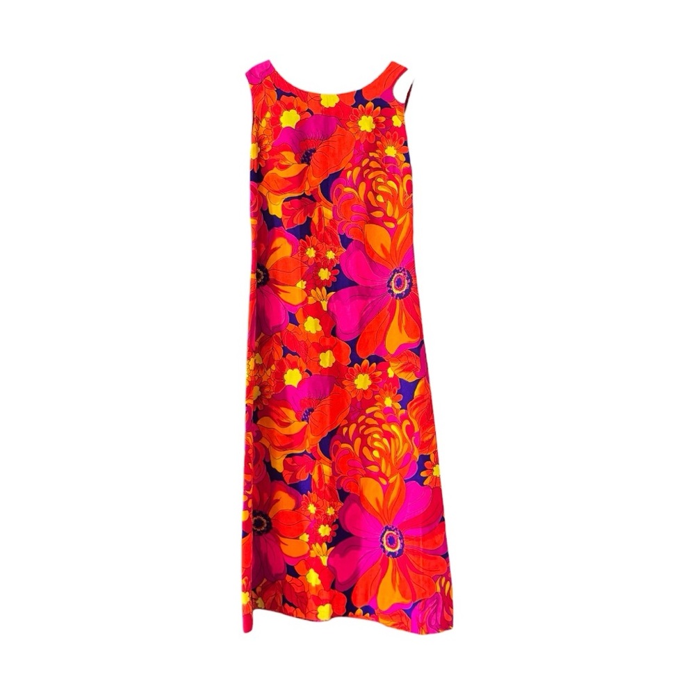 Vintage Hawaiian Dress Acrylic Barkcloth Cut Out Back Psychedelic Print